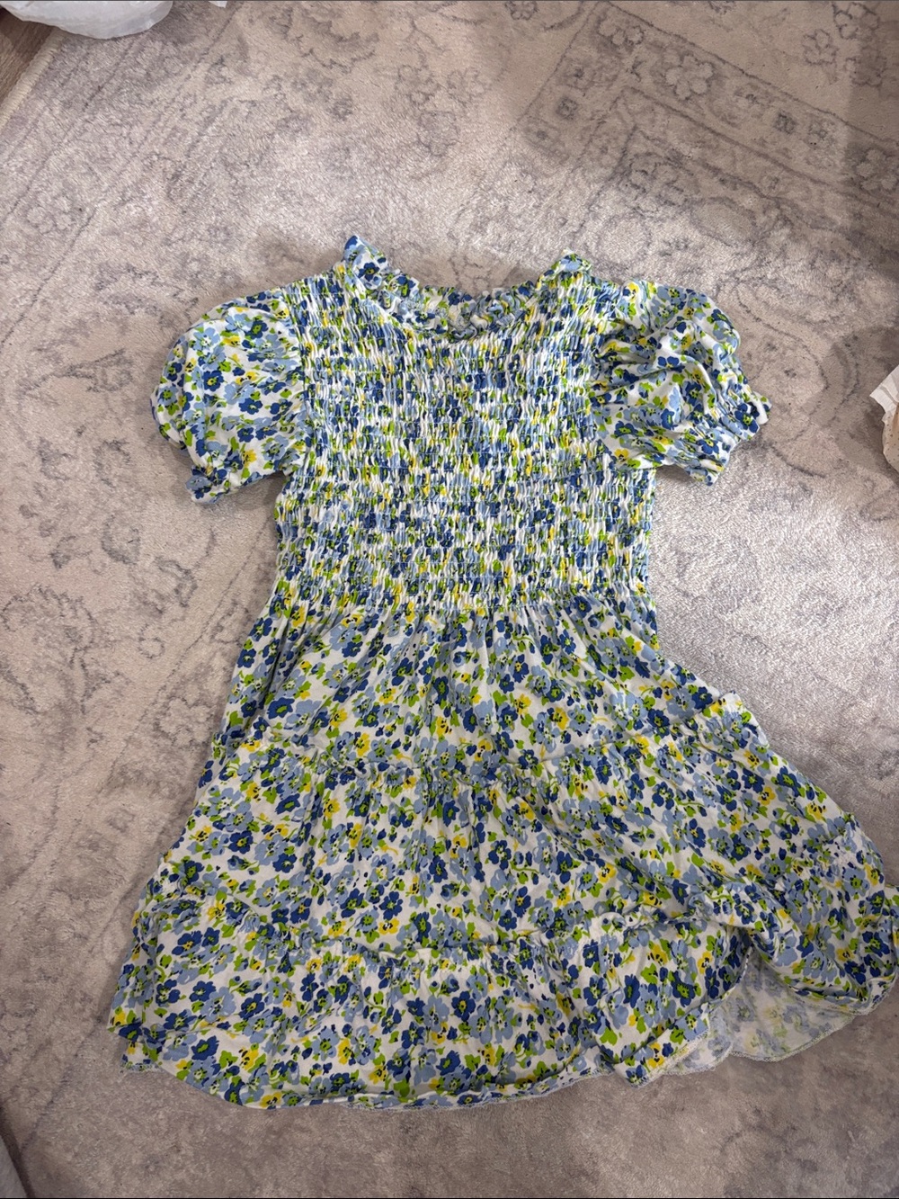 Polo by Ralph Lauren Blue, Green Floral Smocked Puff Sleeve Dress